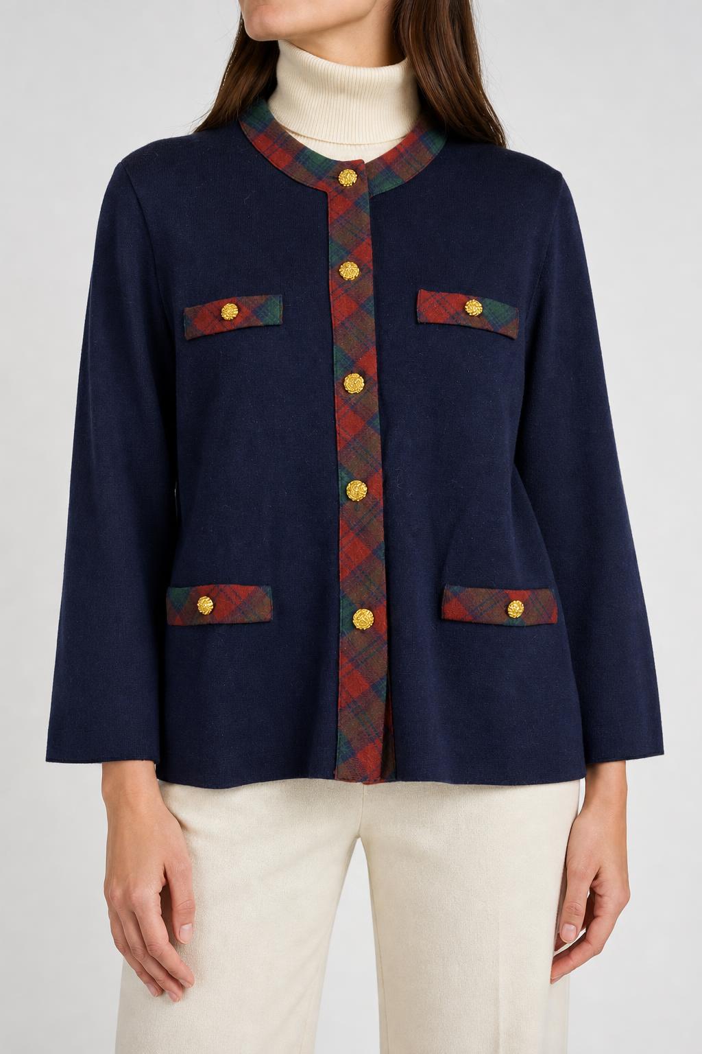 Giacca in maglia blazer navy profili tartan Carolina Pedroni vintage – Donna Taglia XL