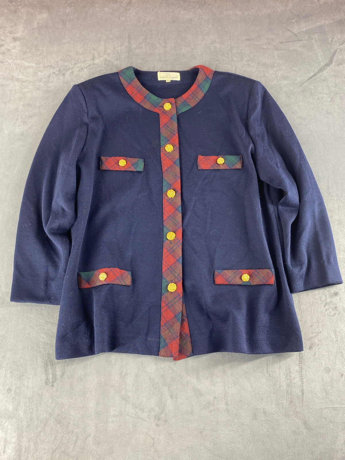 Giacca in maglia blazer navy profili tartan Carolina Pedroni vintage – Donna Taglia XL
