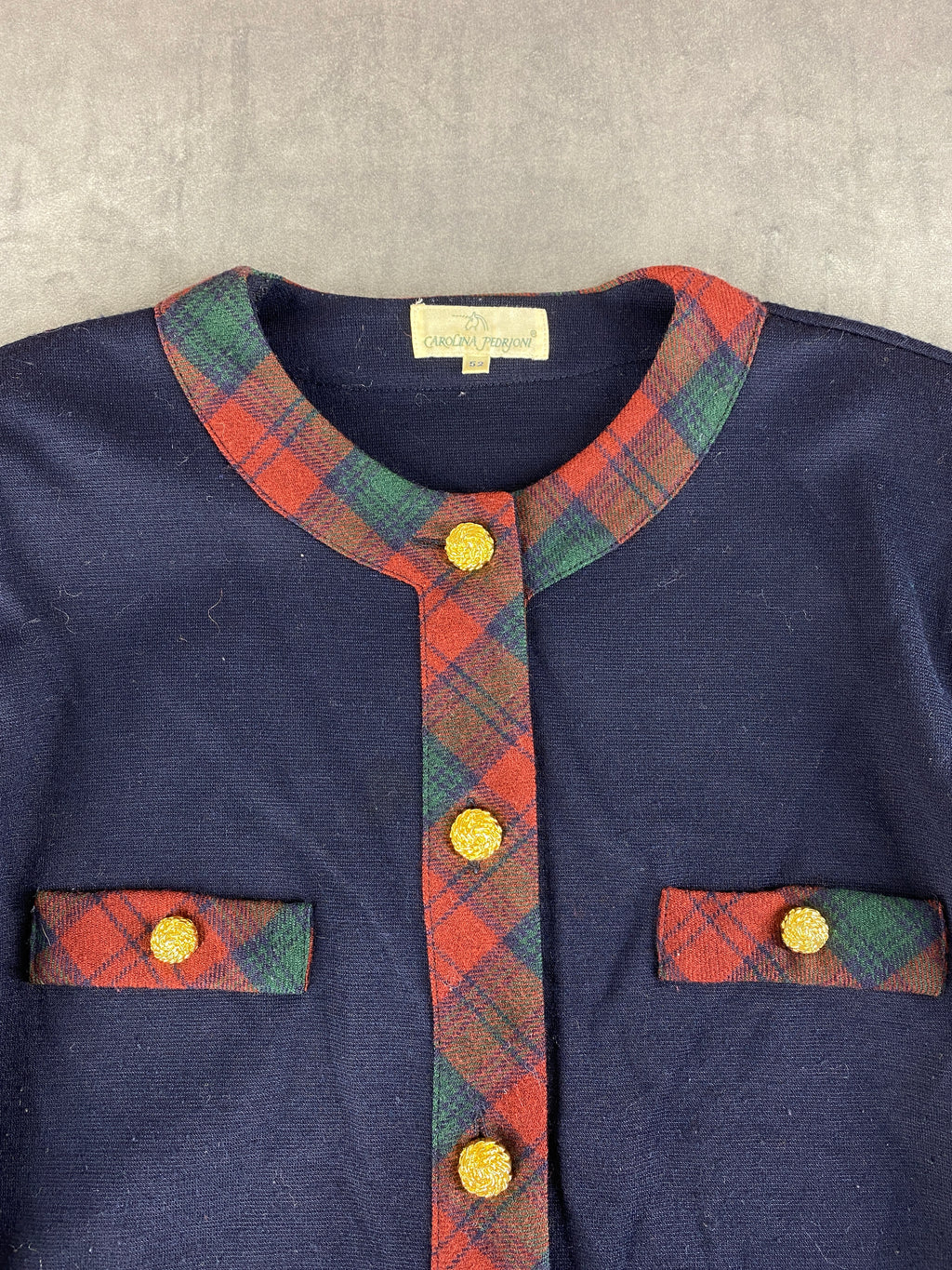 Giacca in maglia blazer navy profili tartan Carolina Pedroni vintage – Donna Taglia XL