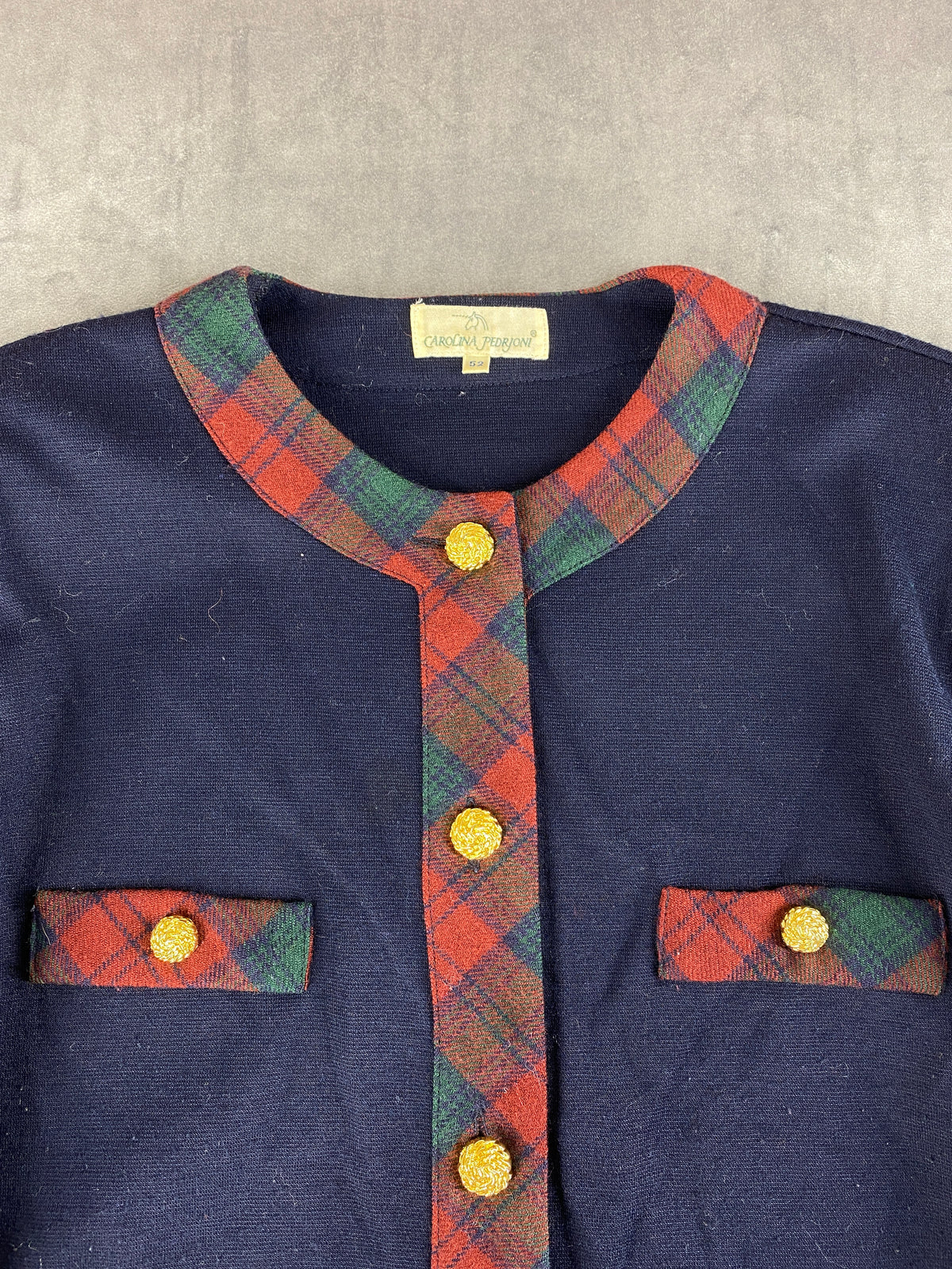 Giacca in maglia blazer navy profili tartan Carolina Pedroni vintage – Donna Taglia XL