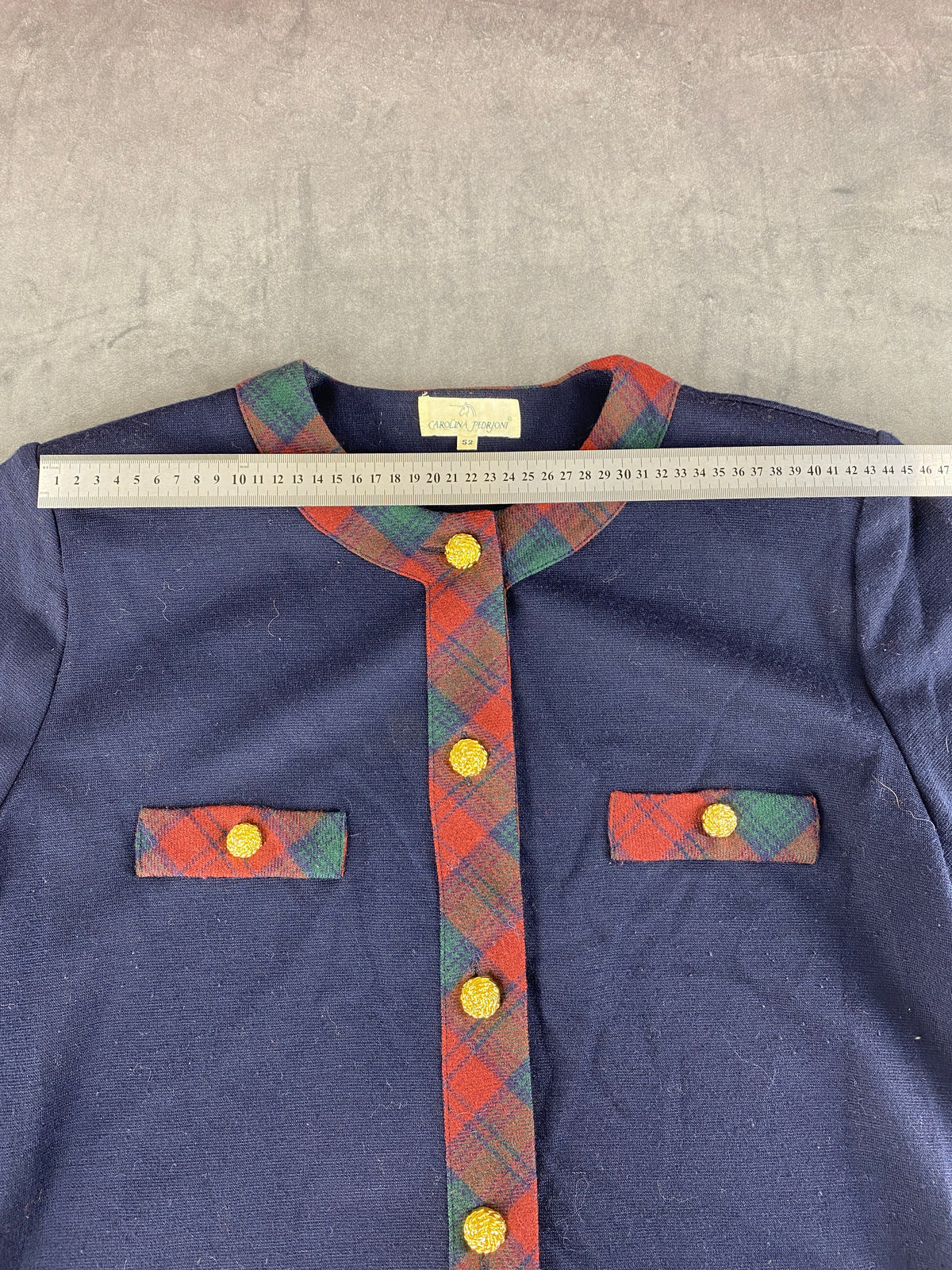 Giacca in maglia blazer navy profili tartan Carolina Pedroni vintage – Donna Taglia XL