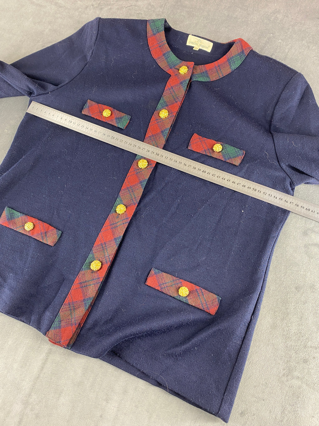 Giacca in maglia blazer navy profili tartan Carolina Pedroni vintage – Donna Taglia XL