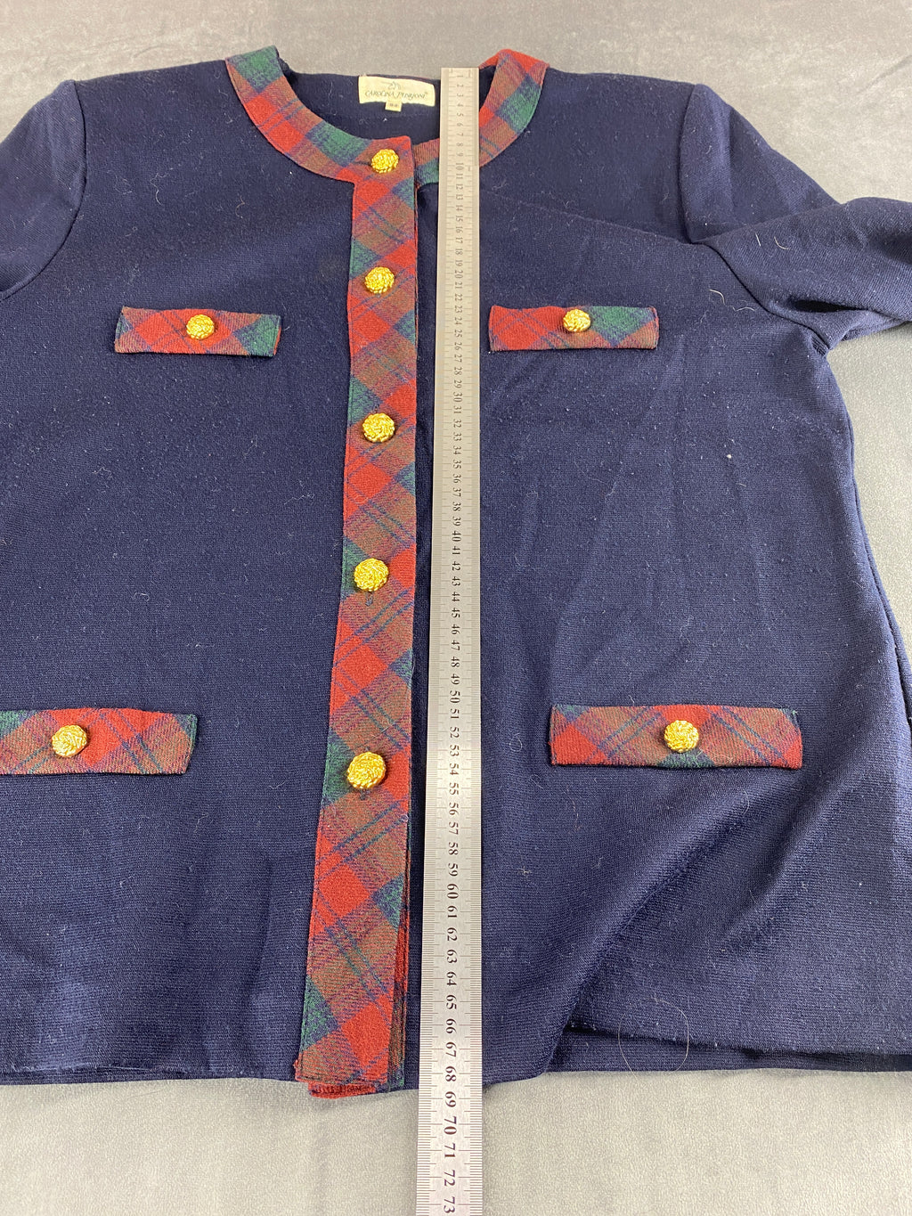 Giacca in maglia blazer navy profili tartan Carolina Pedroni vintage – Donna Taglia XL
