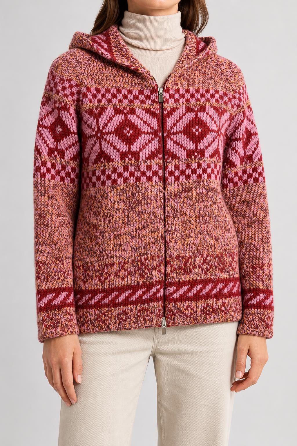 Cardigan zip cappuccio fair-isle rosa bordeaux vintage – Donna Taglia XL