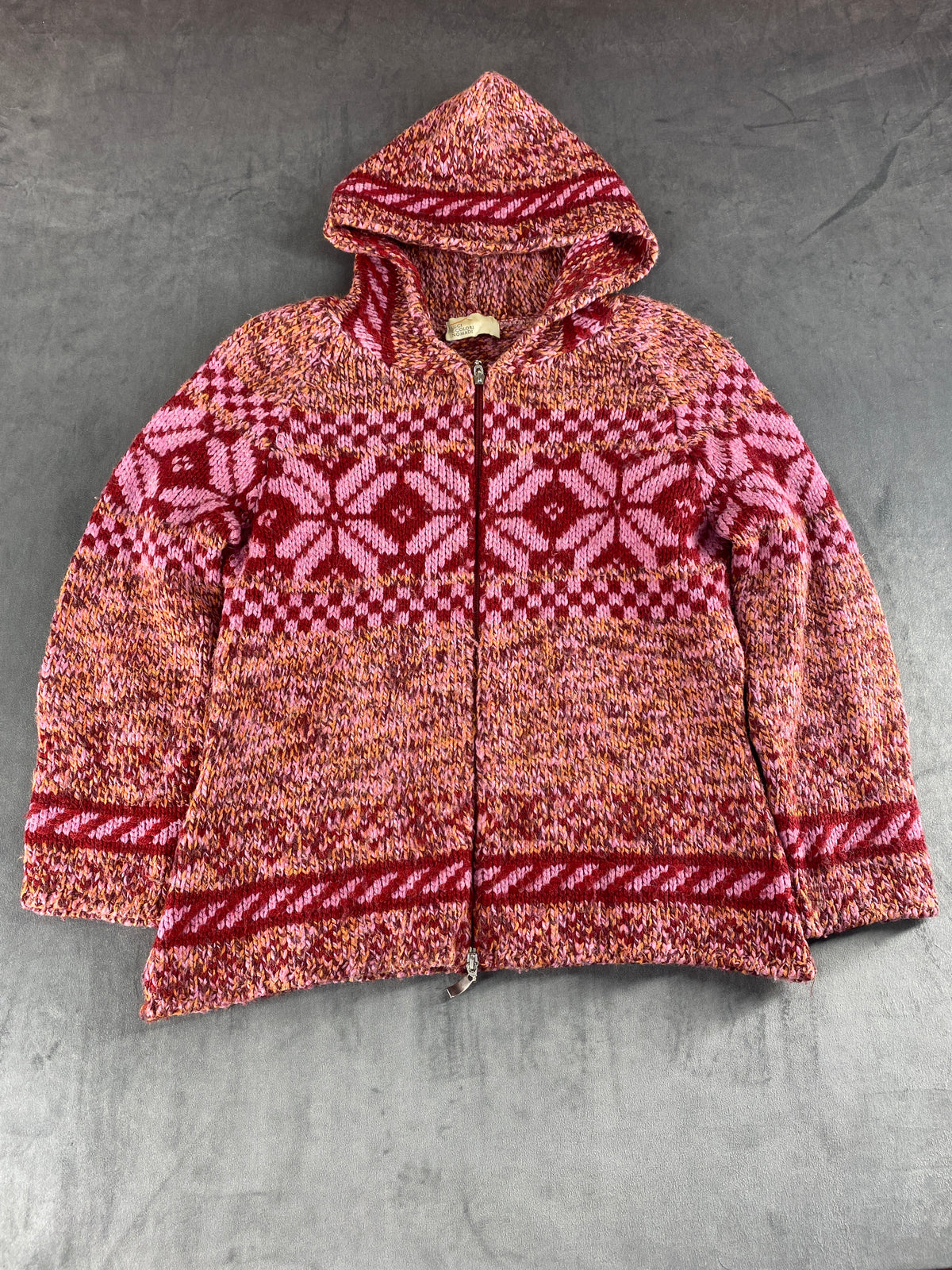 Cardigan zip cappuccio fair-isle rosa bordeaux vintage – Donna Taglia XL