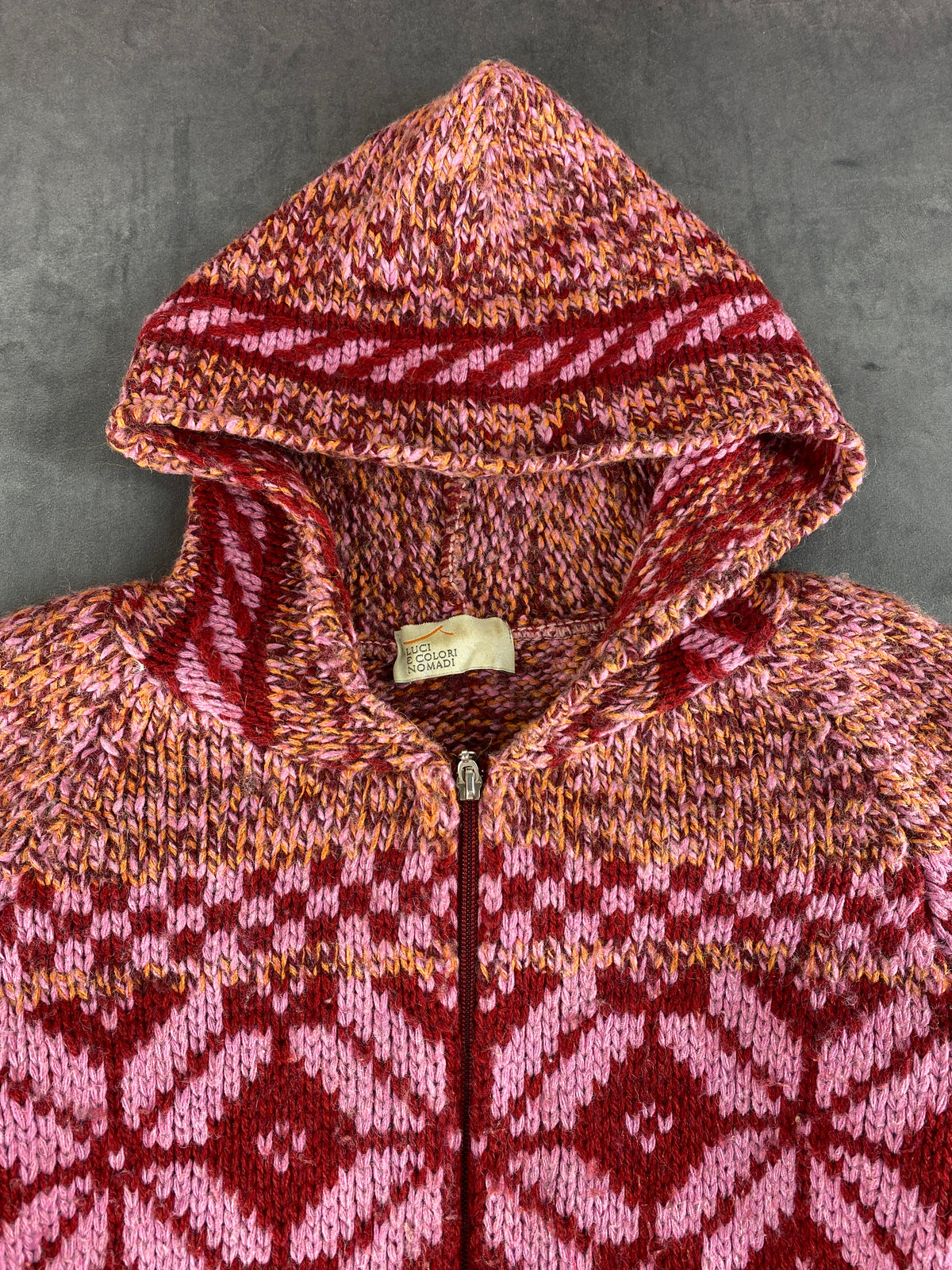 Cardigan zip cappuccio fair-isle rosa bordeaux vintage – Donna Taglia XL
