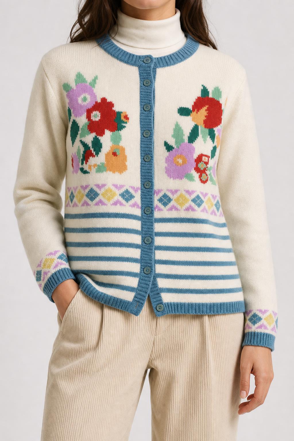 Cardigan panna fiori intarsiati righe azzurre vintage – Donna Taglia XL