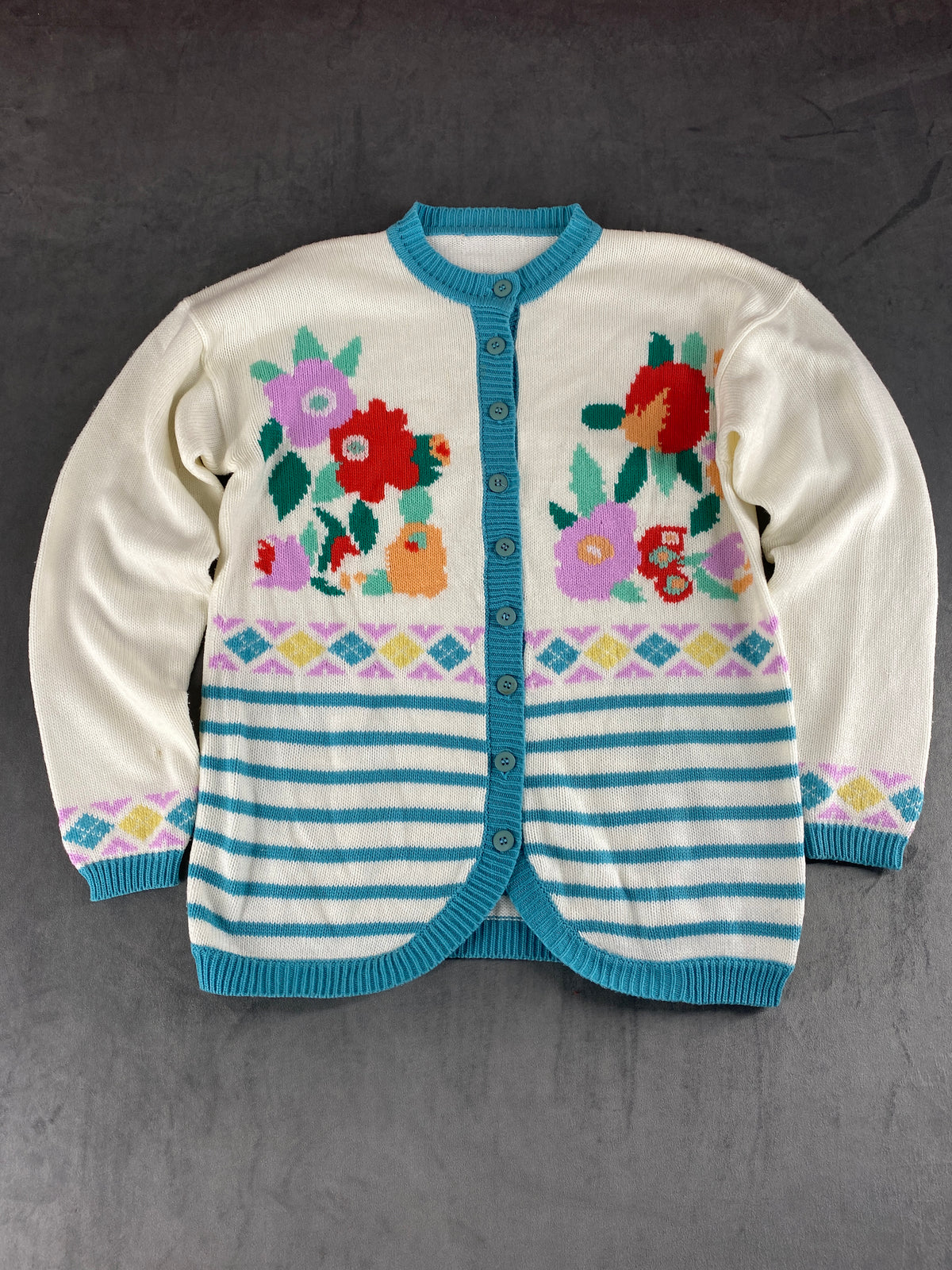 Cardigan panna fiori intarsiati righe azzurre vintage – Donna Taglia XL