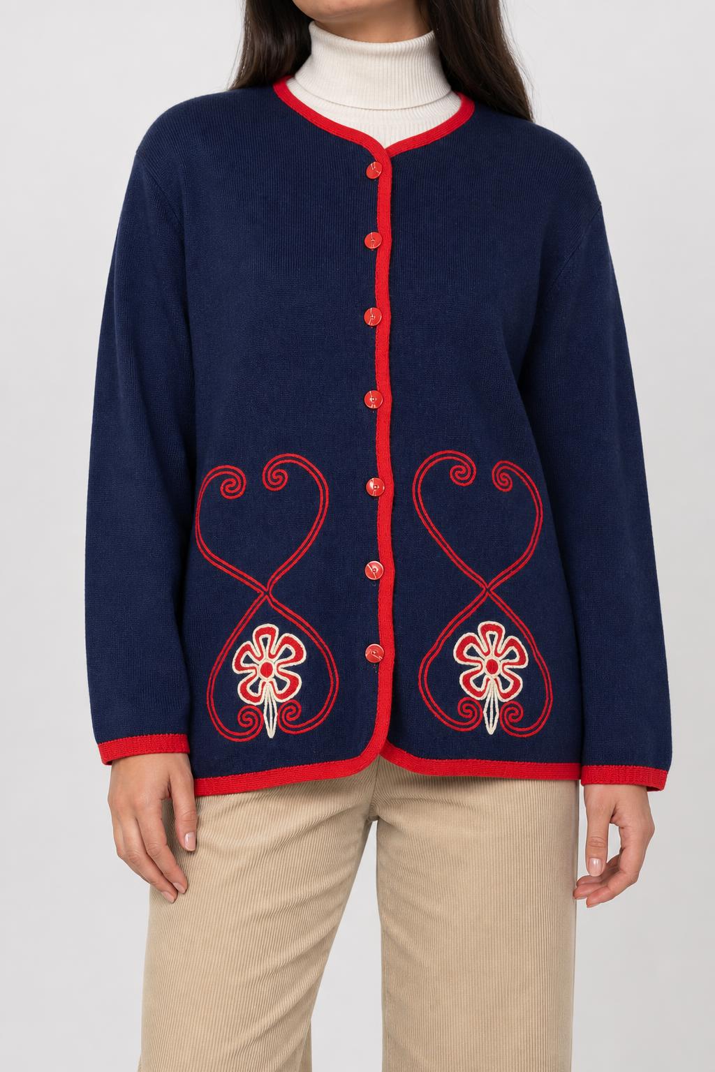 Cardigan navy ricami rossi floreali Mulino Rosso vintage – Donna Taglia XL
