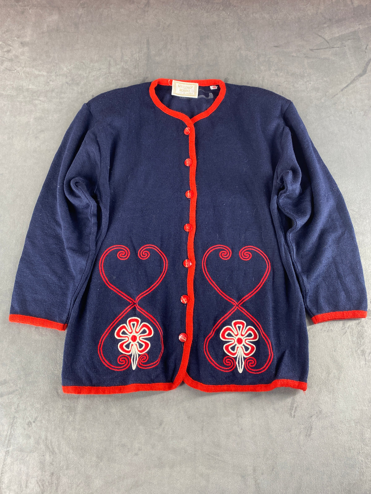 Cardigan navy ricami rossi floreali Mulino Rosso vintage – Donna Taglia XL