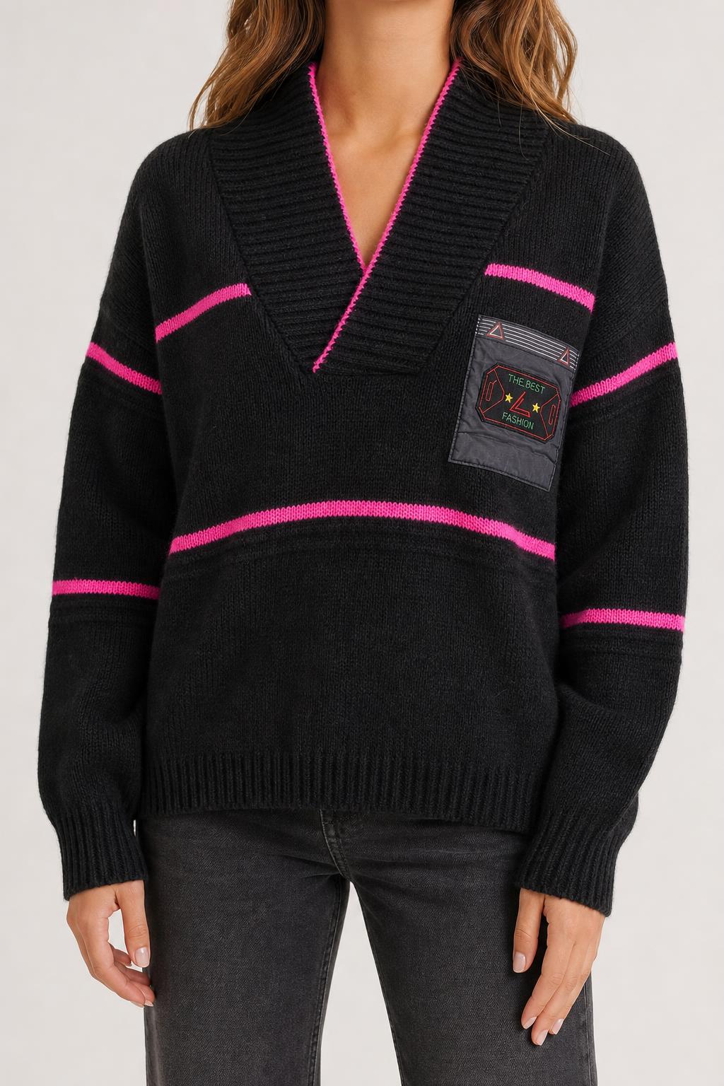 Maglione scollo a V nero righe fucsia The Best Fashion vintage – Donna Taglia XL
