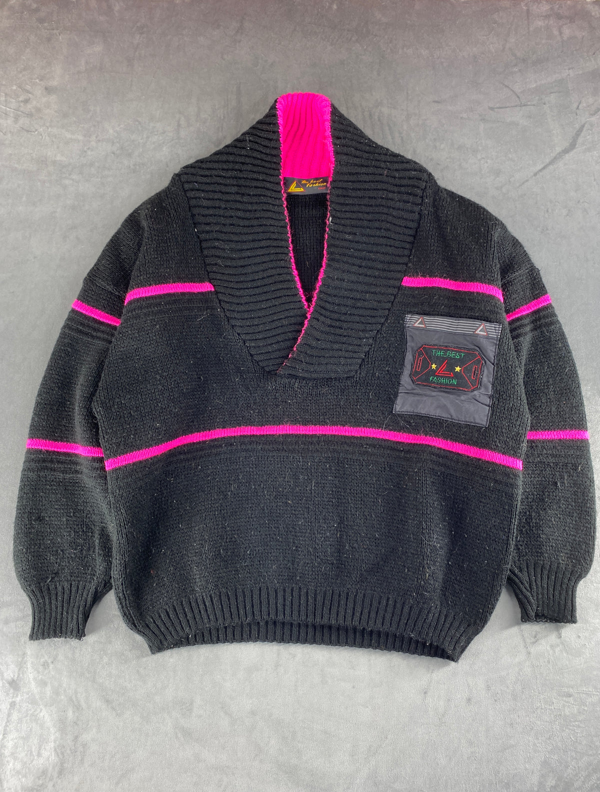 Maglione scollo a V nero righe fucsia The Best Fashion vintage – Donna Taglia XL