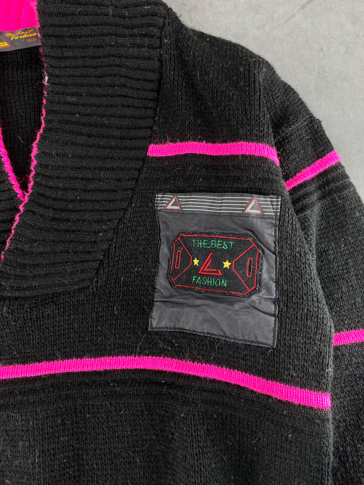 Maglione scollo a V nero righe fucsia The Best Fashion vintage – Donna Taglia XL