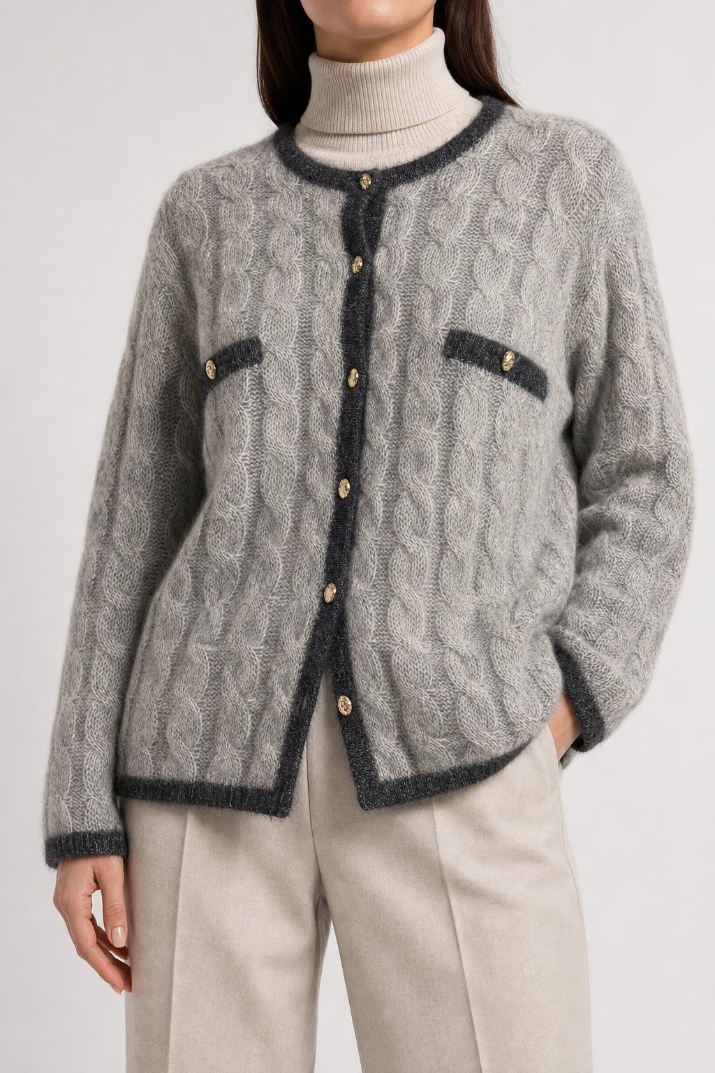 Cardigan mohair grigio trecce bottoni oro Wal Mode vintage – Donna Taglia XL