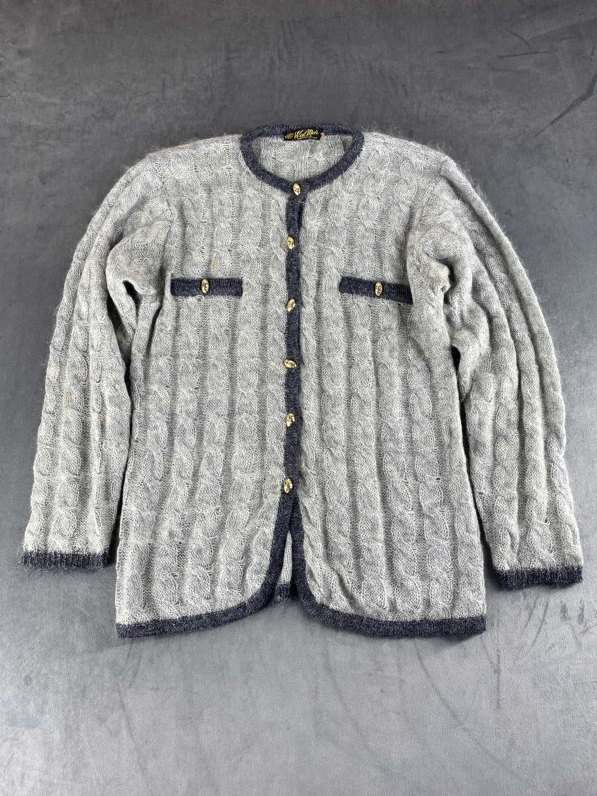 Cardigan mohair grigio trecce bottoni oro Wal Mode vintage – Donna Taglia XL