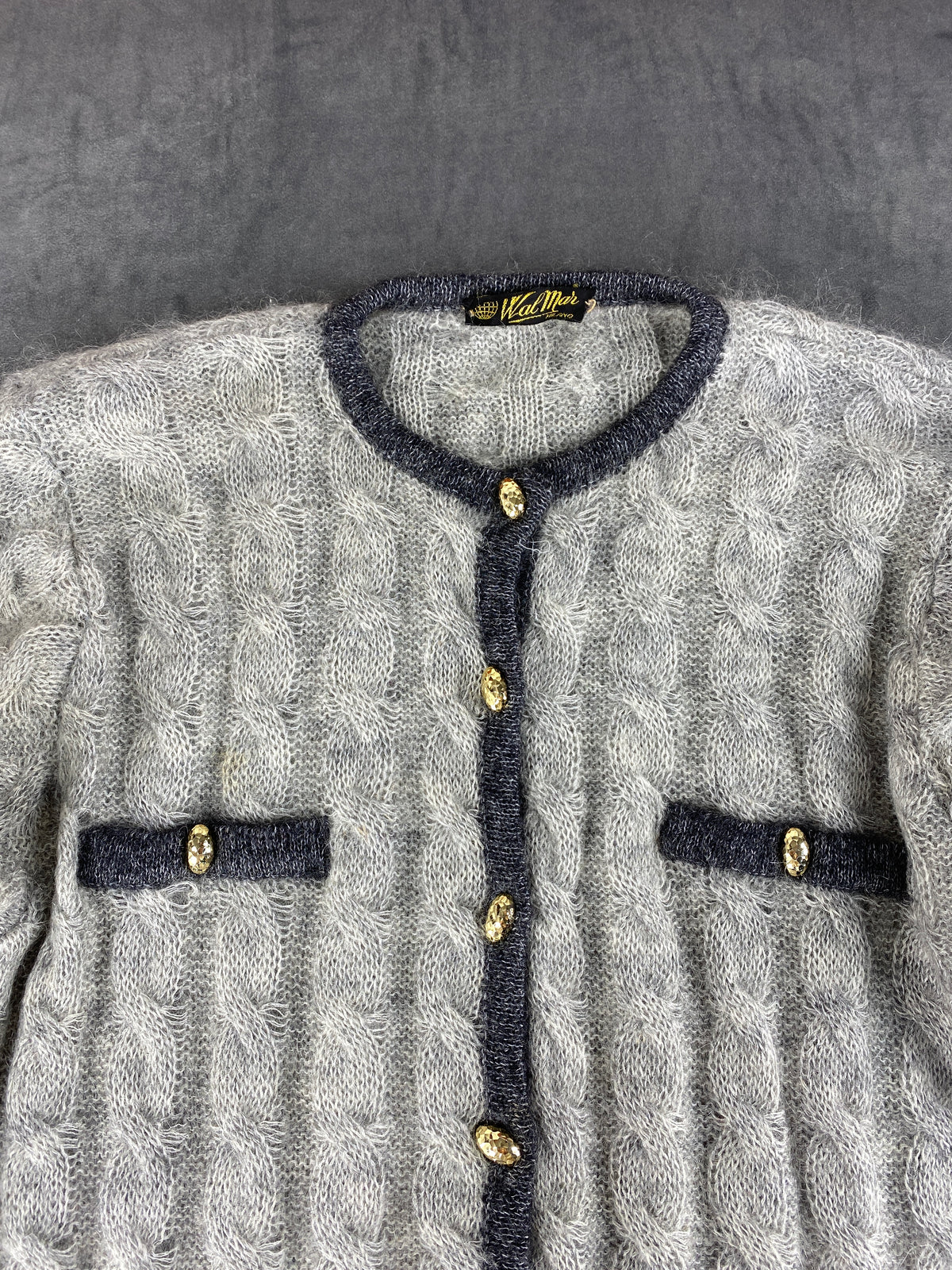 Cardigan mohair grigio trecce bottoni oro Wal Mode vintage – Donna Taglia XL