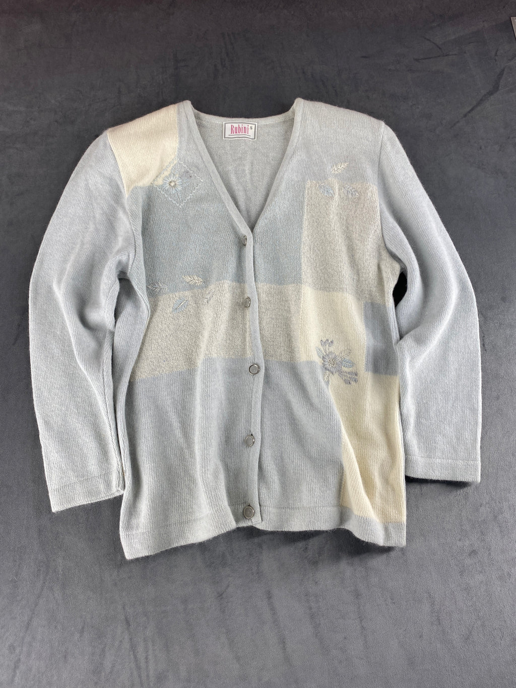 Cardigan scollo a V azzurro panna ricami Rubini's vintage – Donna Taglia XL