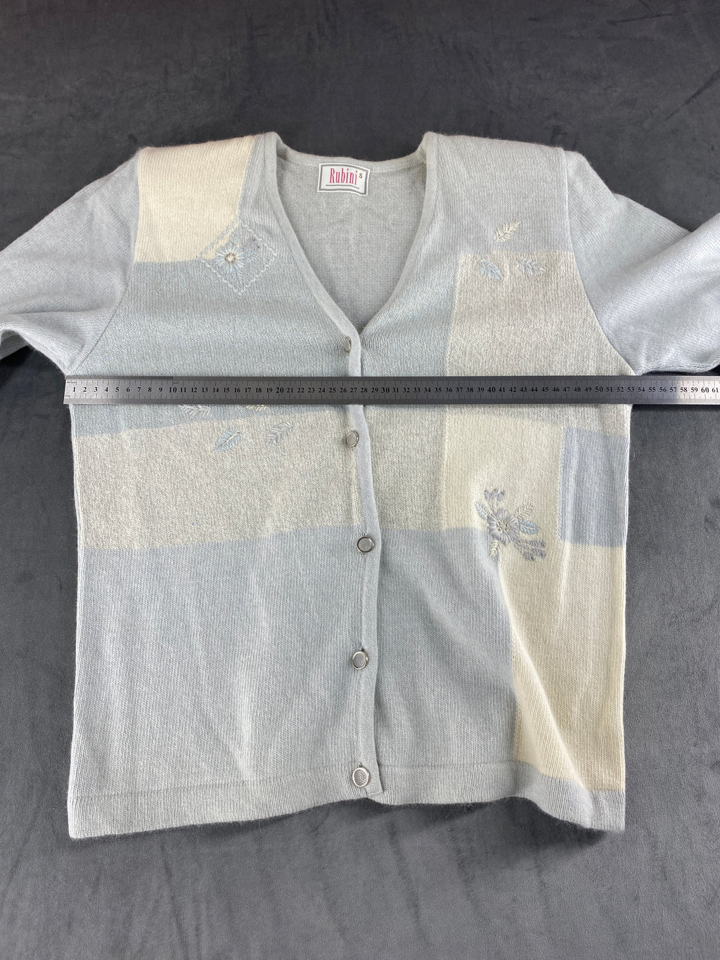 Cardigan scollo a V azzurro panna ricami Rubini's vintage – Donna Taglia XL