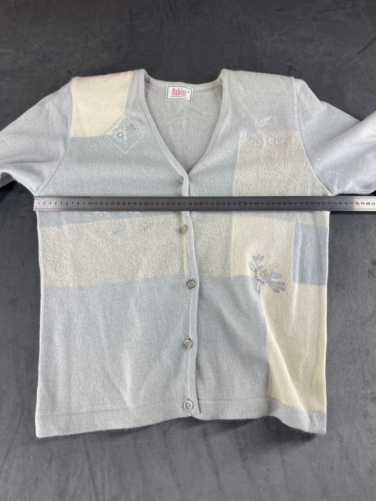 Cardigan scollo a V azzurro panna ricami Rubini's vintage – Donna Taglia XL