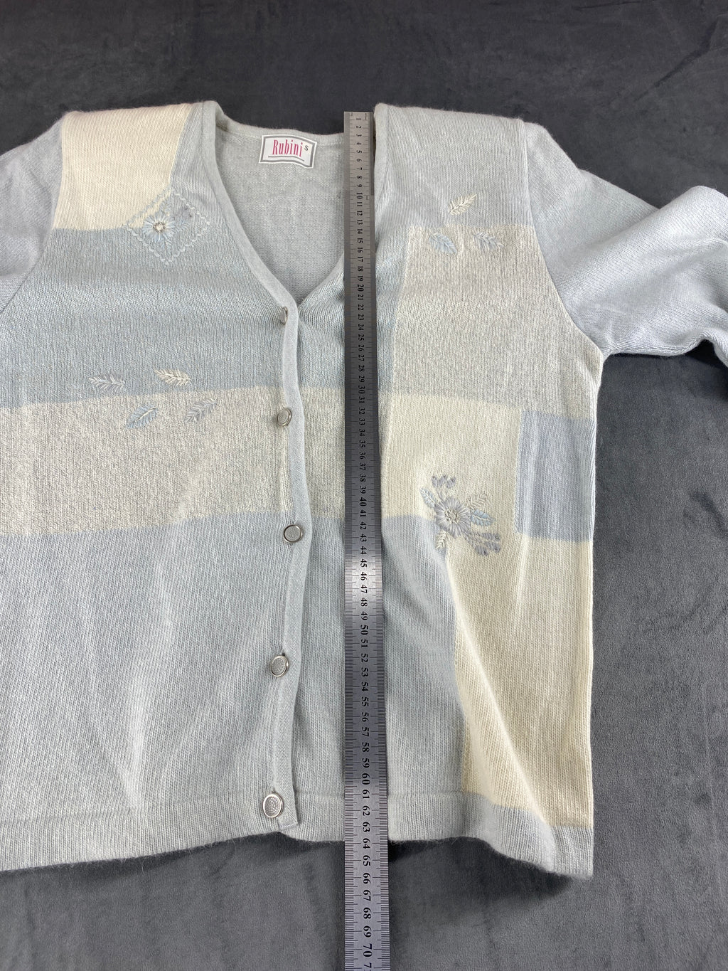 Cardigan scollo a V azzurro panna ricami Rubini's vintage – Donna Taglia XL