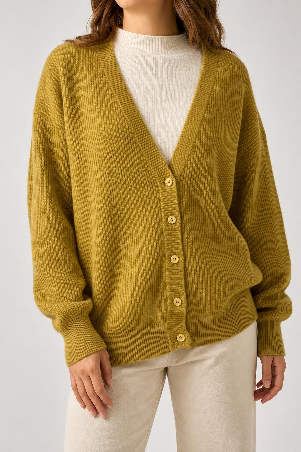 Cardigan scollo a V senape a coste Raphael vintage – Donna Taglia XL