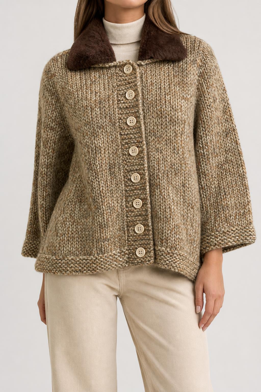 Cardigan mantella in maglia marrone con collo in pelliccia vintage – Donna Taglia XL