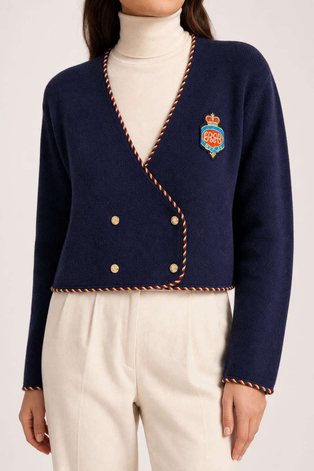 Cardigan corto blu navy con stemma bordi tricolore vintage – Donna Taglia M