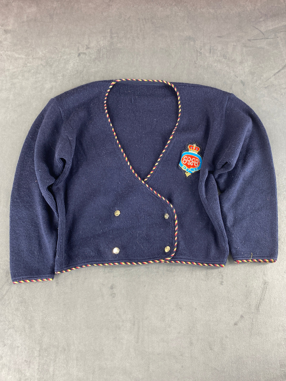 Cardigan corto blu navy con stemma bordi tricolore vintage – Donna Taglia M