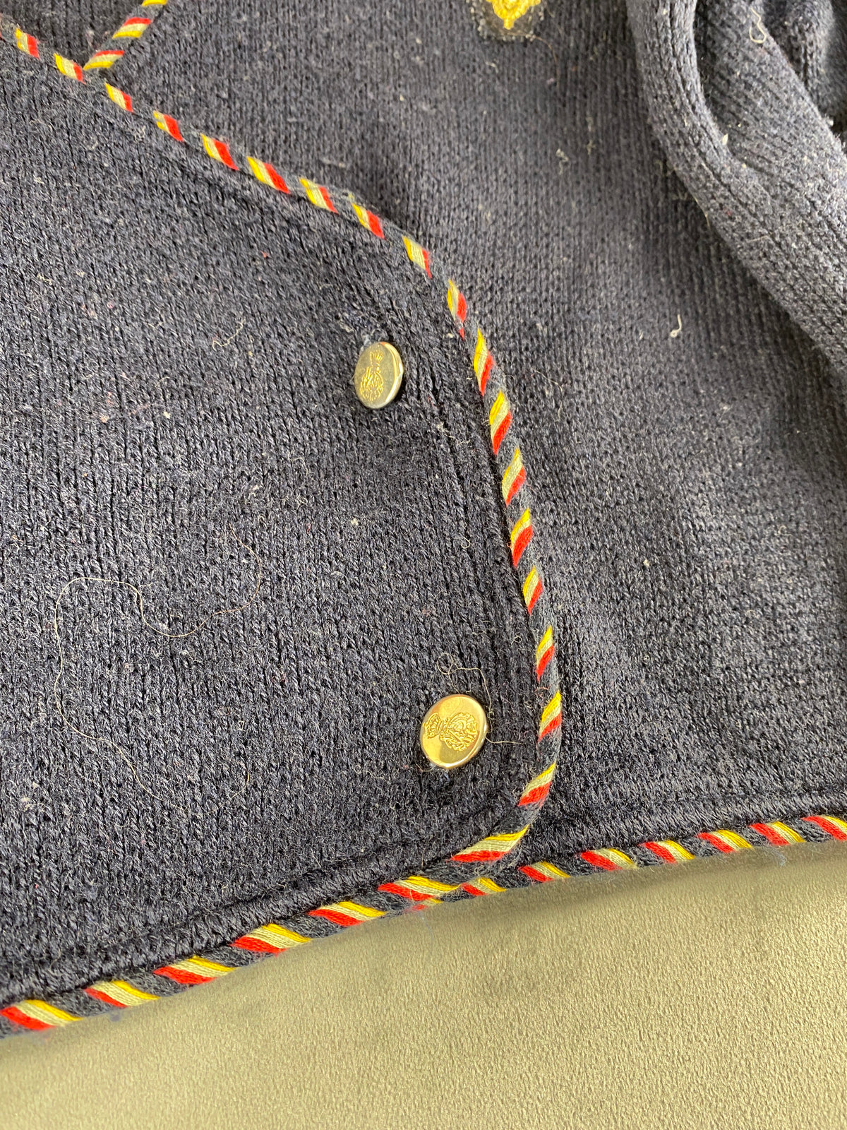 Cardigan corto blu navy con stemma bordi tricolore vintage – Donna Taglia M
