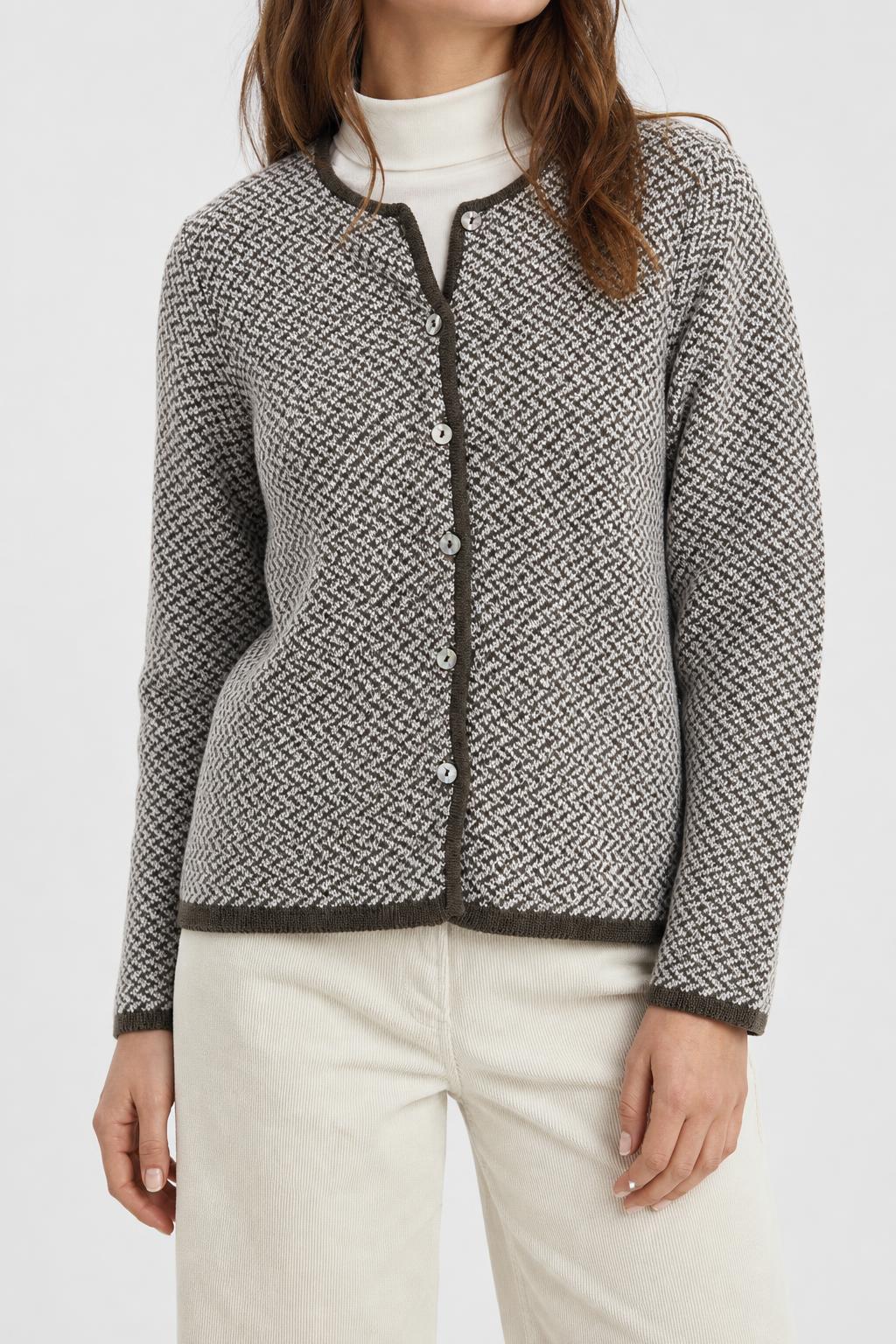 Cardigan spinato lana marrone panna vintage – Donna Taglia XL