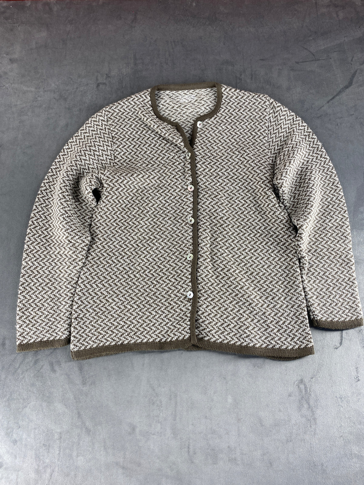 Cardigan spinato lana marrone panna vintage – Donna Taglia XL