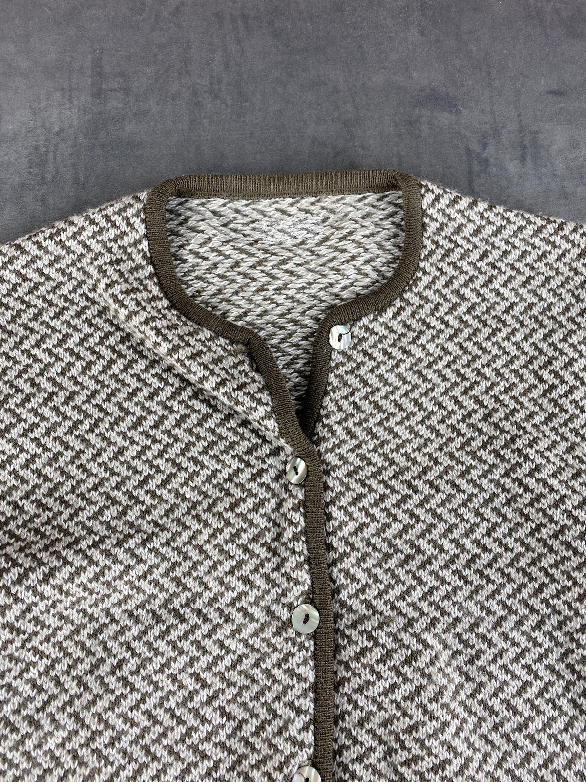 Cardigan spinato lana marrone panna vintage – Donna Taglia XL