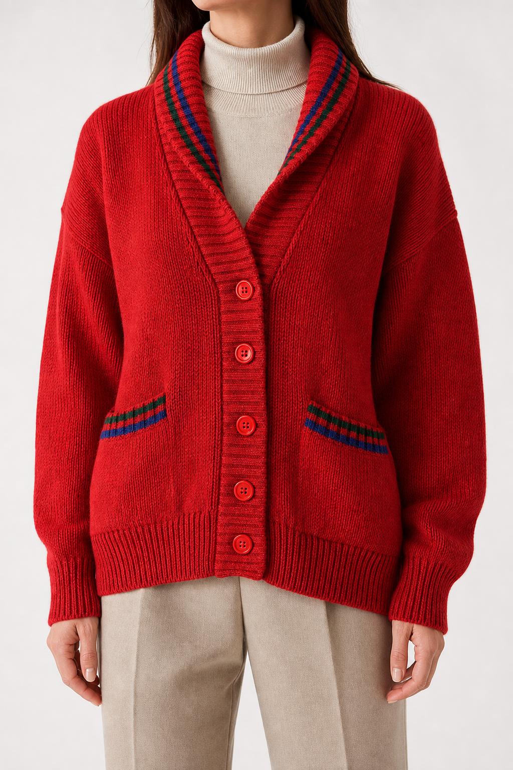 Cardigan rosso collo a scialle lana vintage – Donna Taglia XL