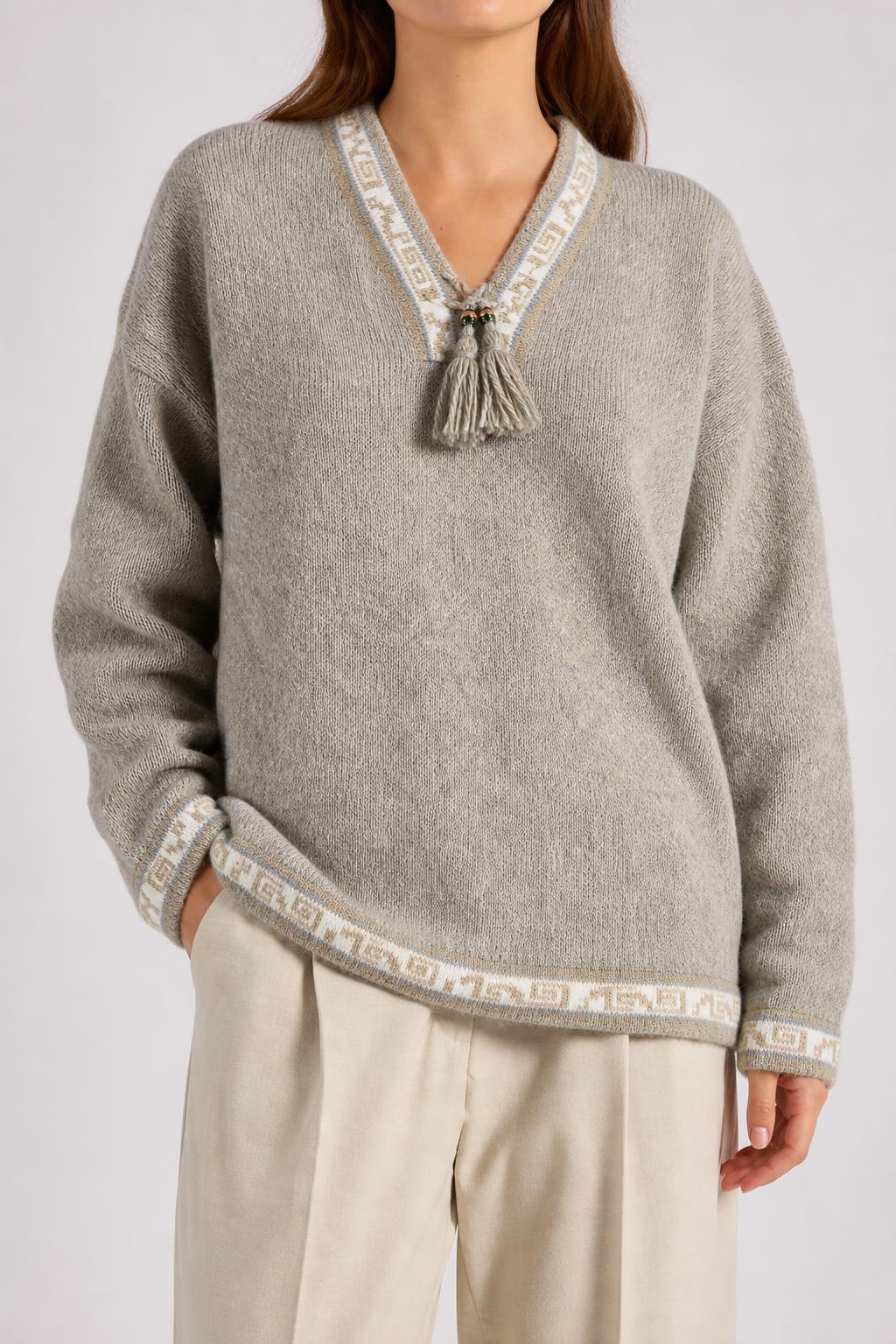 Maglione scollo a V alpaca beige Made in Perù vintage – Donna Taglia XL