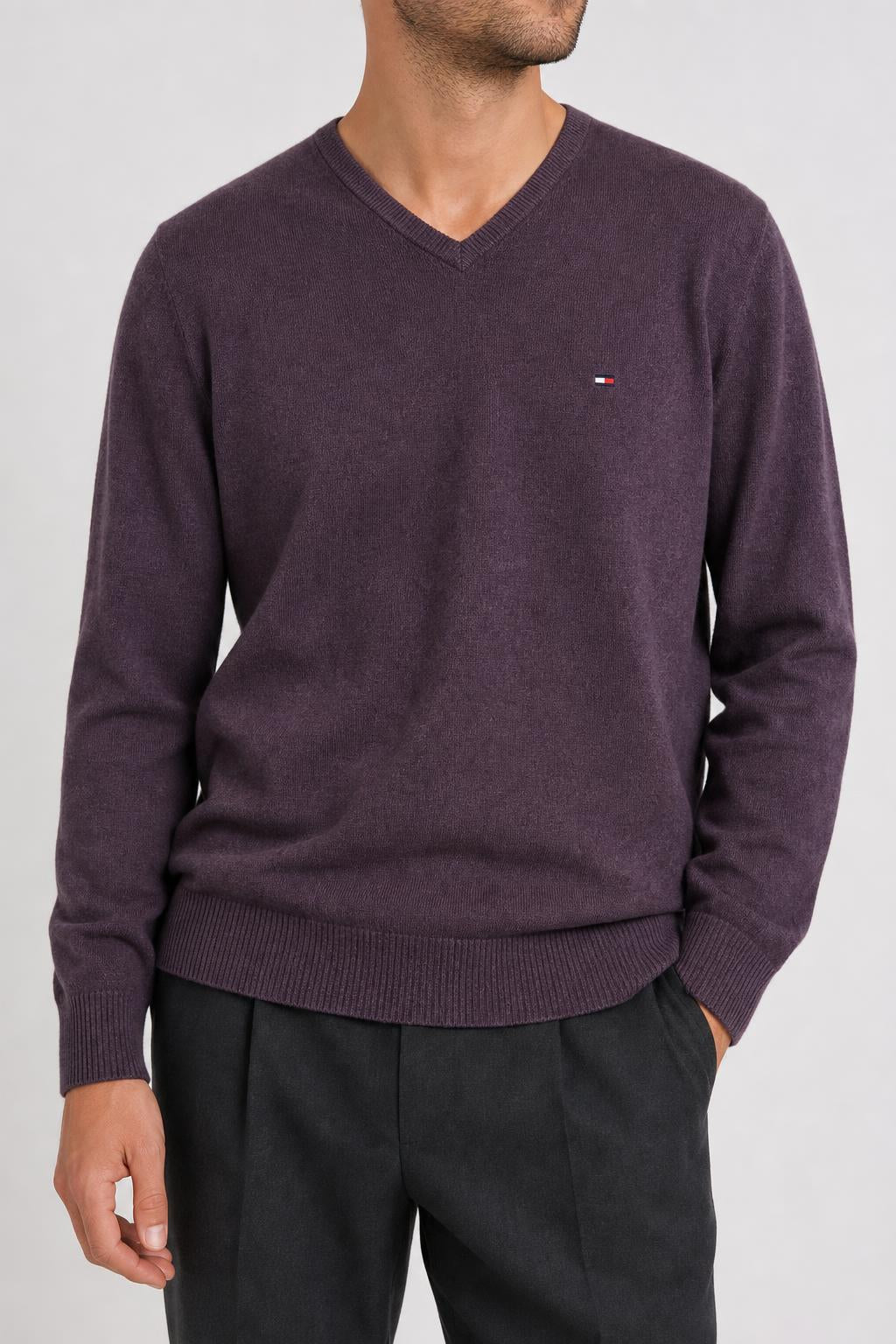 Maglione Tommy Hilfiger scollo a V viola misto cachemire – Uomo Taglia L