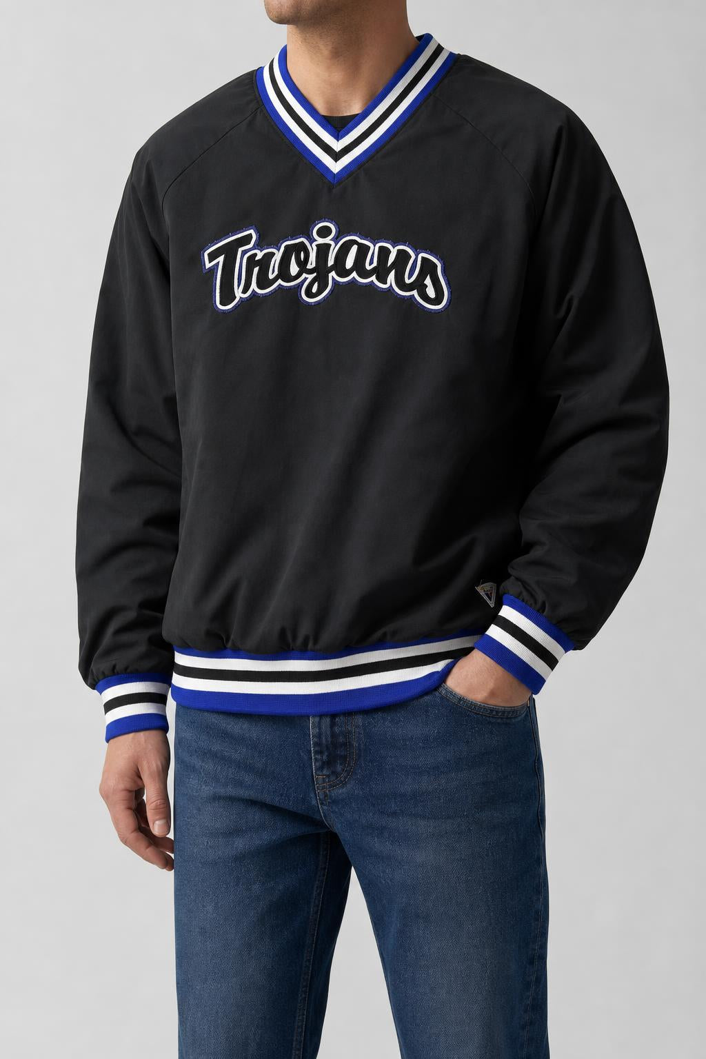 Pullover windshirt college “Trojans” nero scollo a V – Uomo Taglia XL