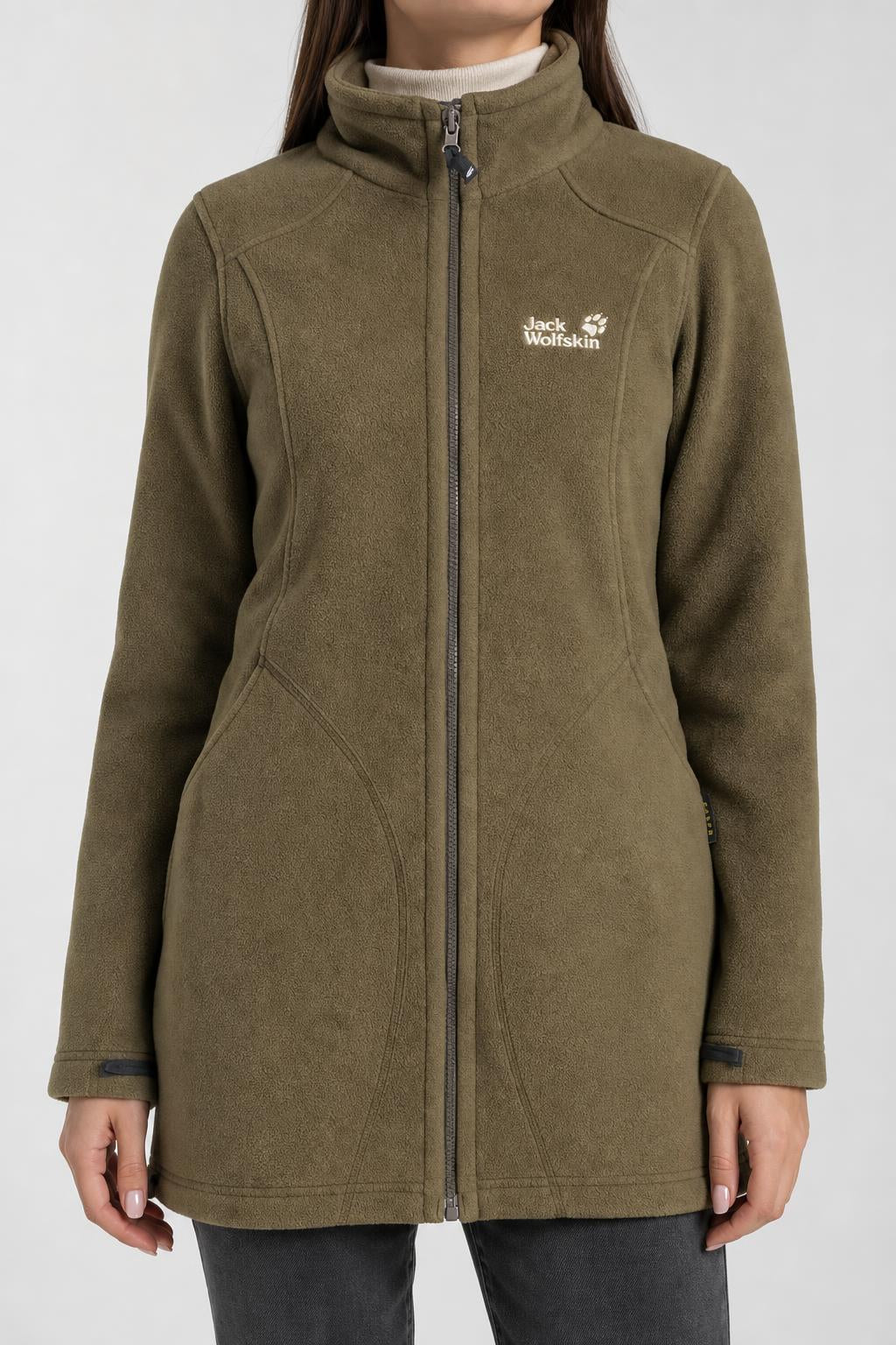 Giacca lunga in pile Jack Wolfskin verde militare – Donna Taglia M