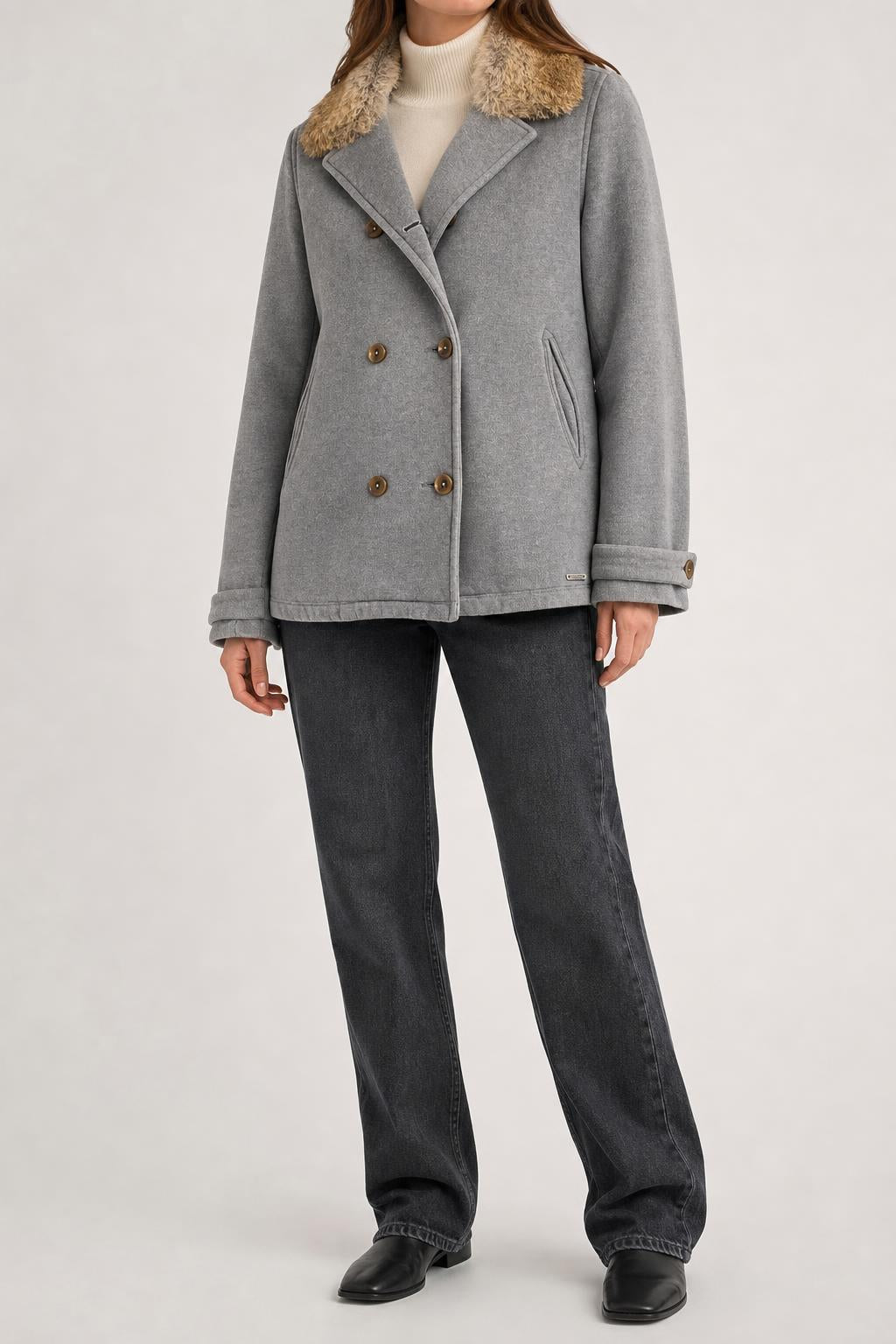 Cappotto Woolrich grigio doppiopetto con collo in pelliccia – Donna Taglia M