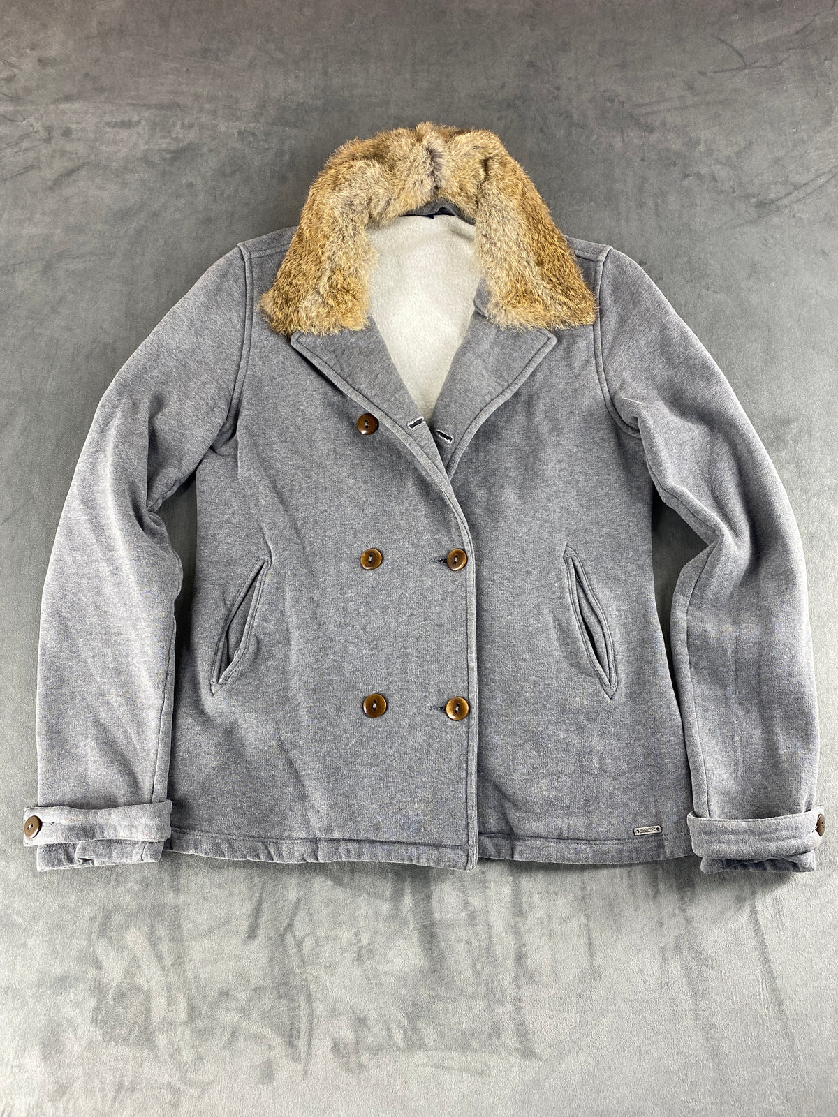 Cappotto Woolrich grigio doppiopetto con collo in pelliccia – Donna Taglia M
