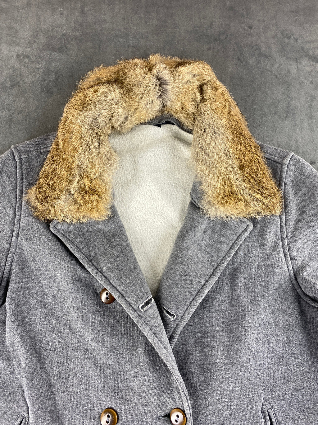 Cappotto Woolrich grigio doppiopetto con collo in pelliccia – Donna Taglia M