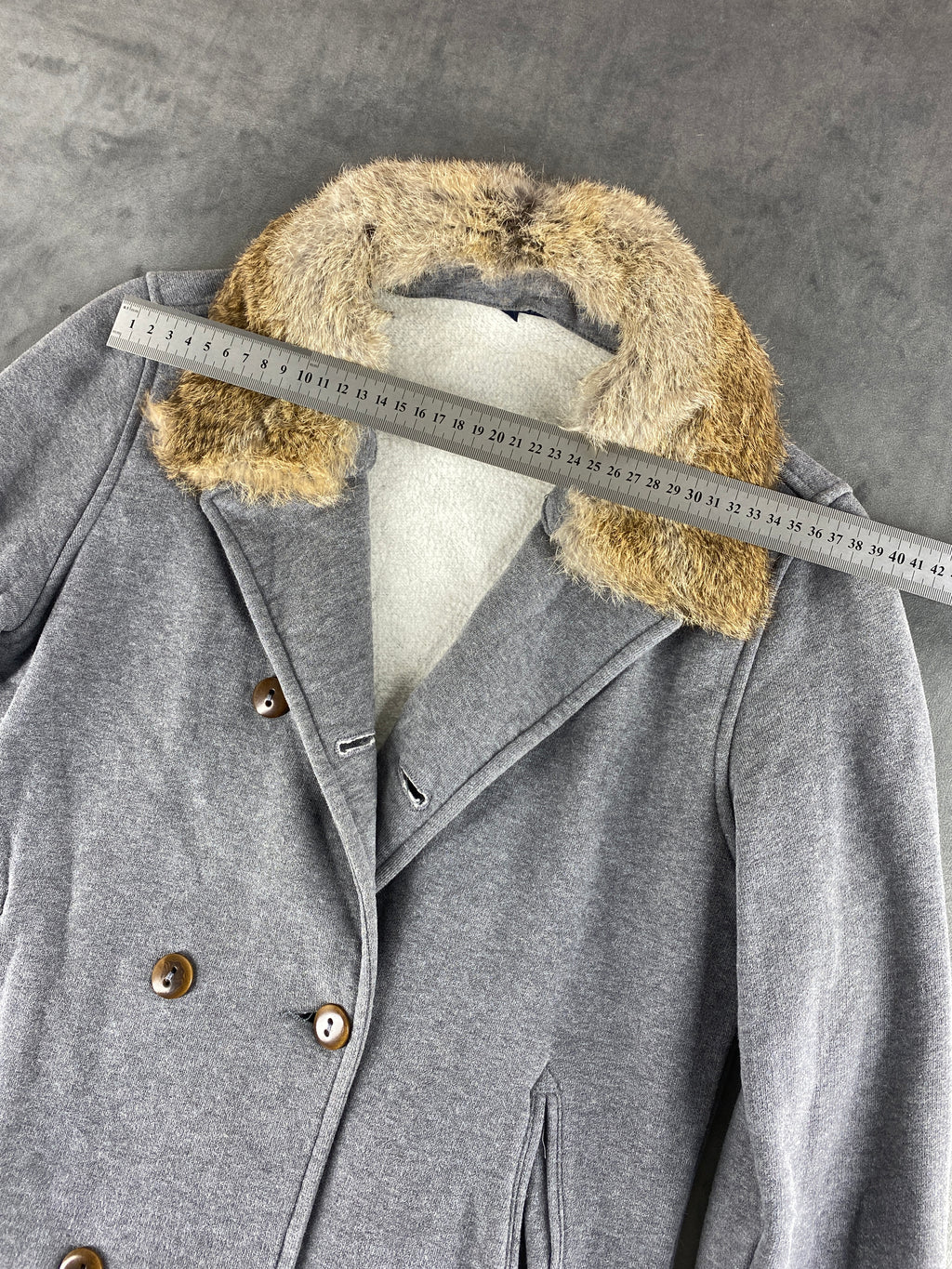 Cappotto Woolrich grigio doppiopetto con collo in pelliccia – Donna Taglia M