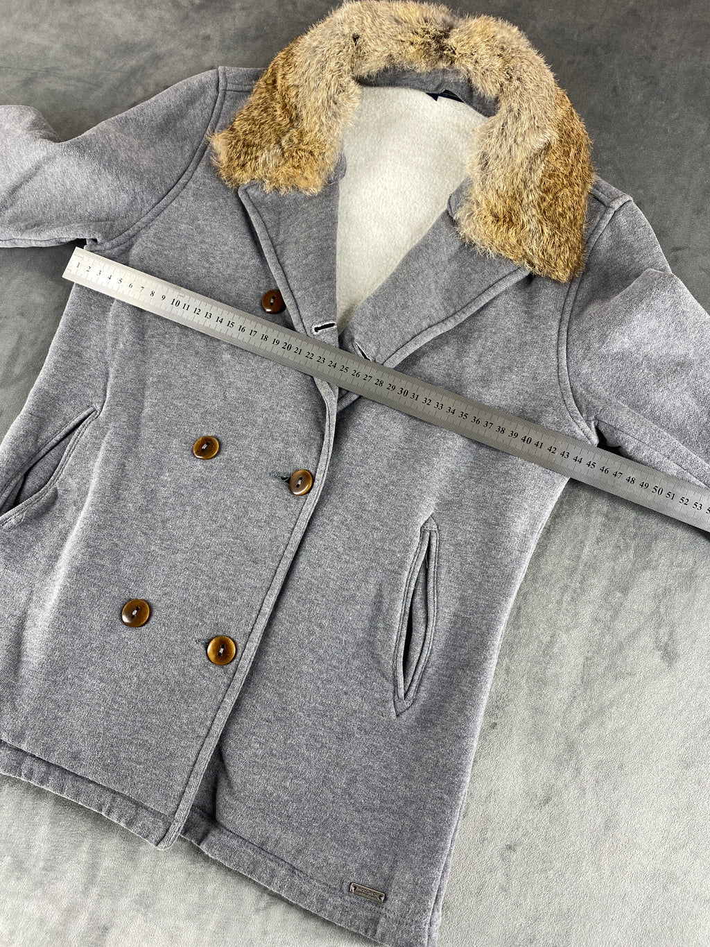 Cappotto Woolrich grigio doppiopetto con collo in pelliccia – Donna Taglia M