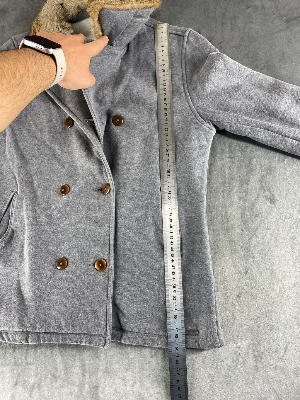 Cappotto Woolrich grigio doppiopetto con collo in pelliccia – Donna Taglia M
