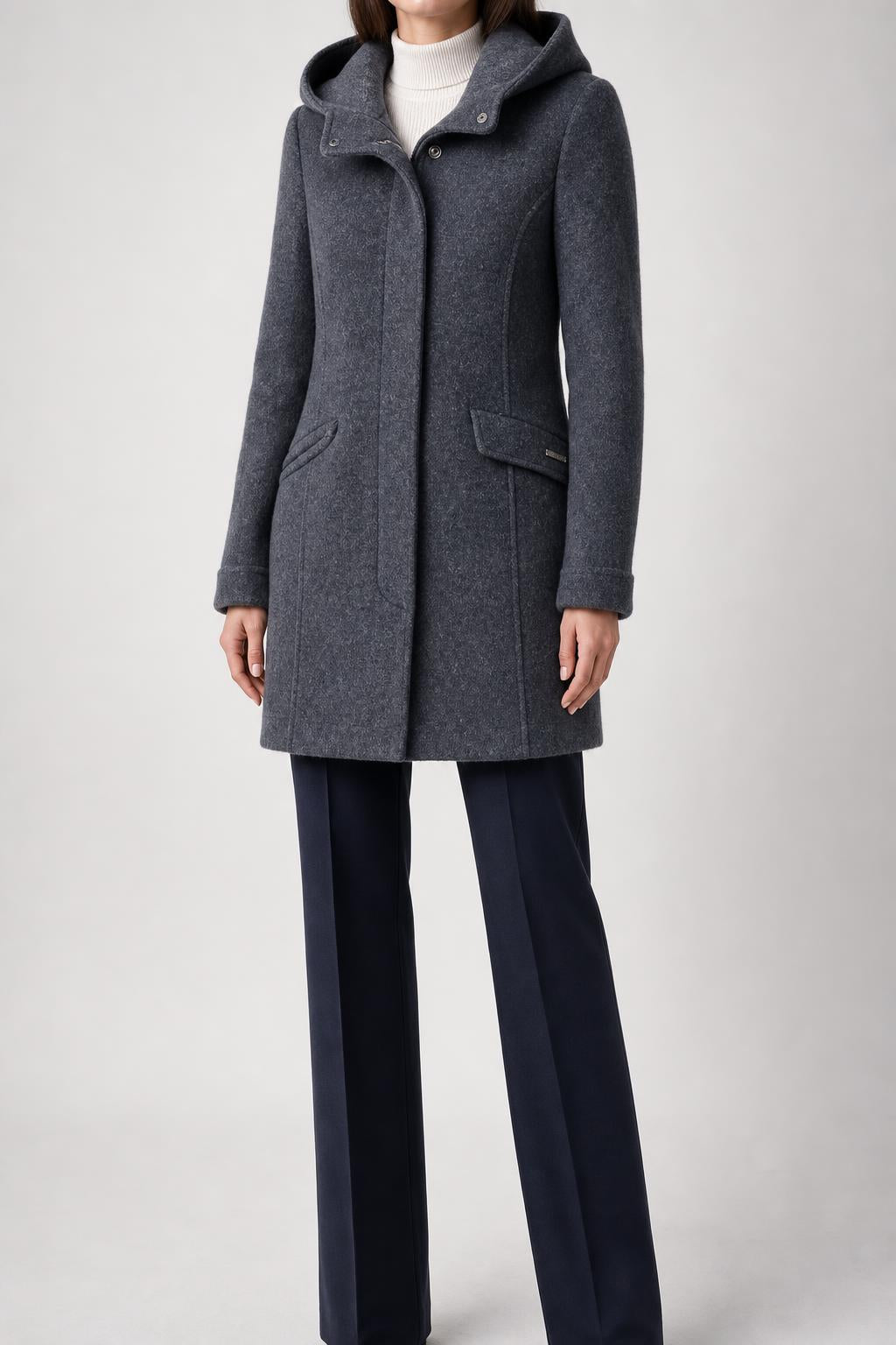 Cappotto in lana Woolrich grigio con cappuccio – Donna Taglia S