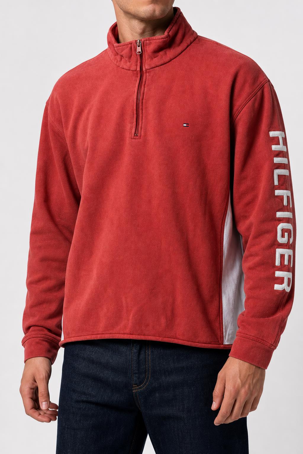 Felpa mezza zip in pile Tommy Hilfiger rossa vintage – Uomo Taglia L