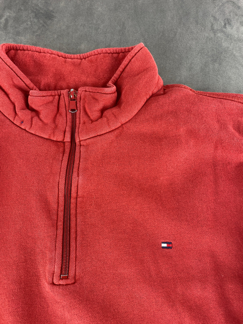 Felpa mezza zip in pile Tommy Hilfiger rossa vintage – Uomo Taglia L