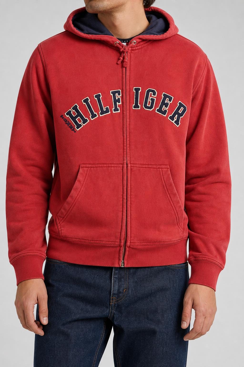 Felpa con cappuccio full-zip Tommy Hilfiger rossa vintage – Uomo Taglia XL