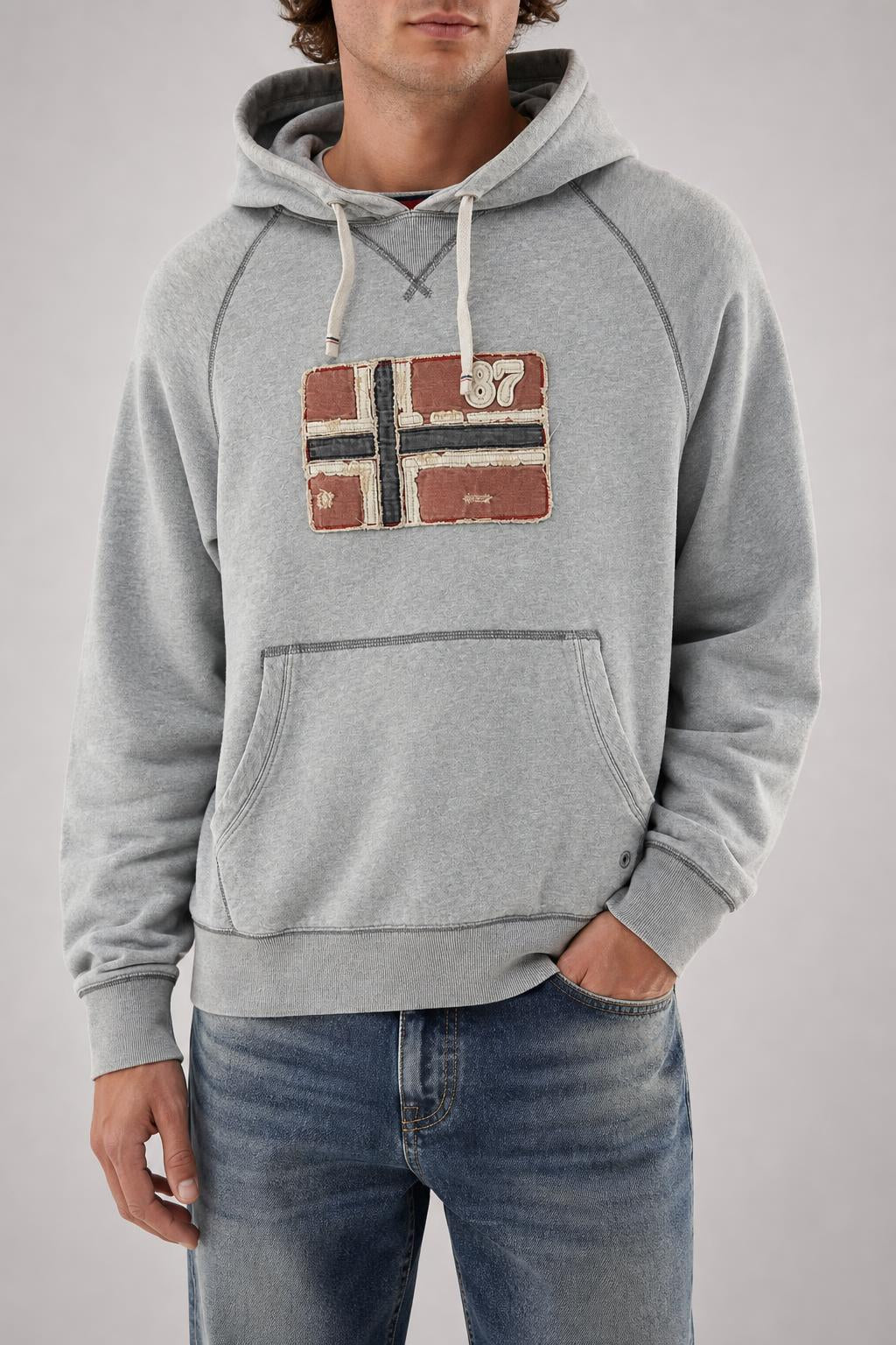 Felpa con cappuccio Napapijri grigia bandiera vintage – Uomo Taglia XL