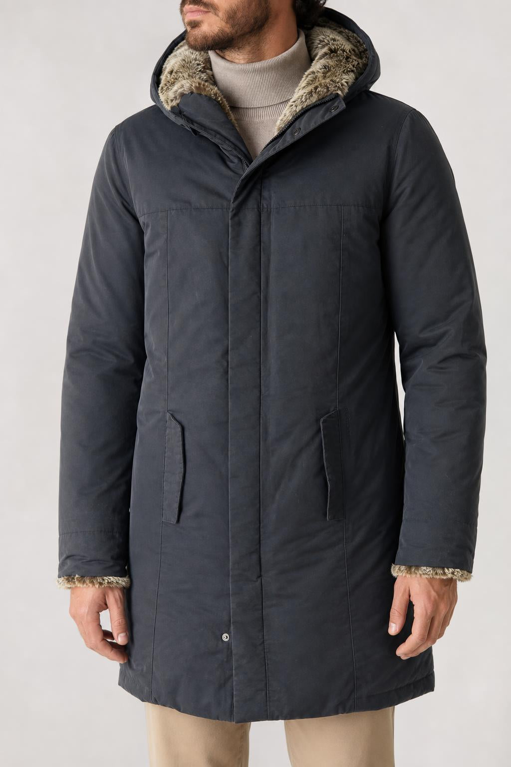 Parka con cappuccio e pelliccia nero vintage – Uomo Taglia L