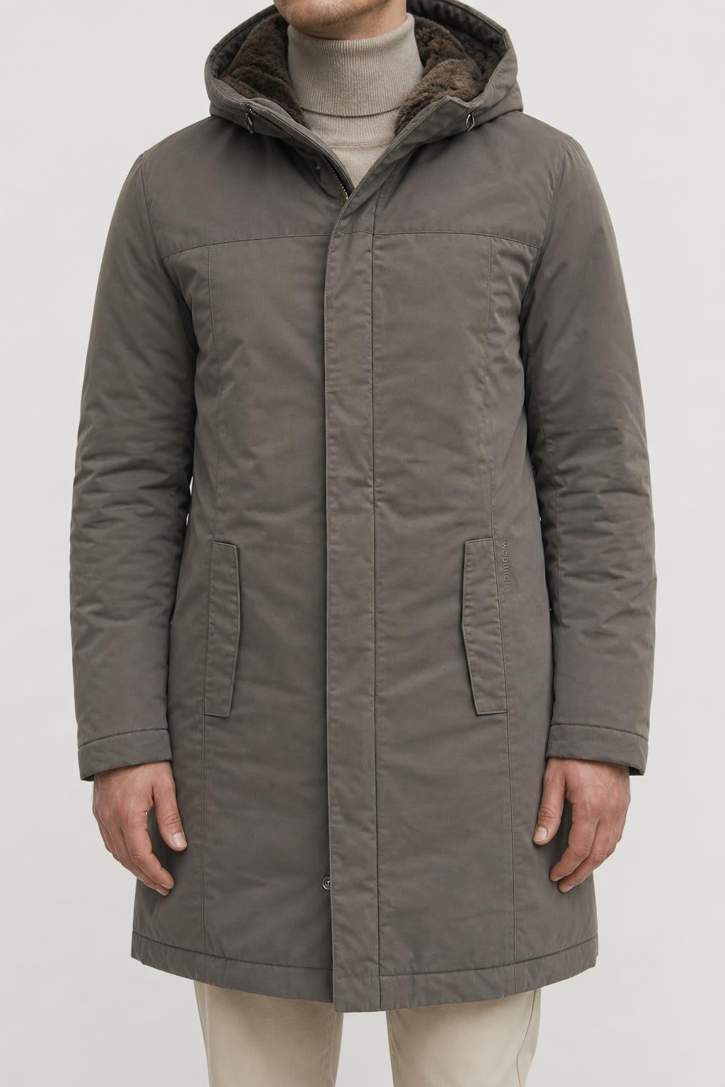Parka Woolrich con cappuccio e pelliccia grigio vintage – Uomo Taglia L